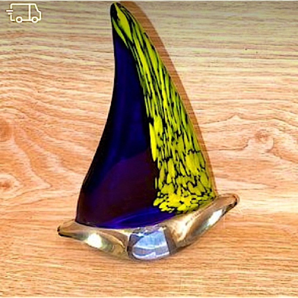 Handmade Blue and Yellow Glass Sail Art Sculpture